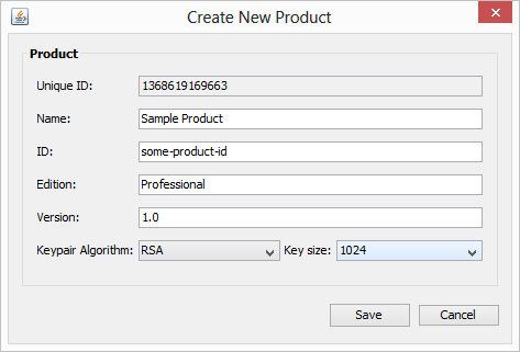 License Manager New Product window
