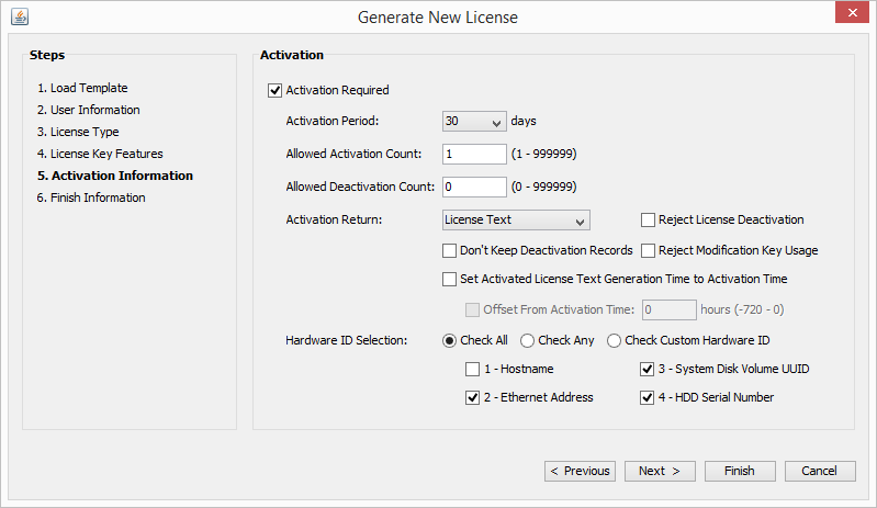 License Manager Activation Settings Window