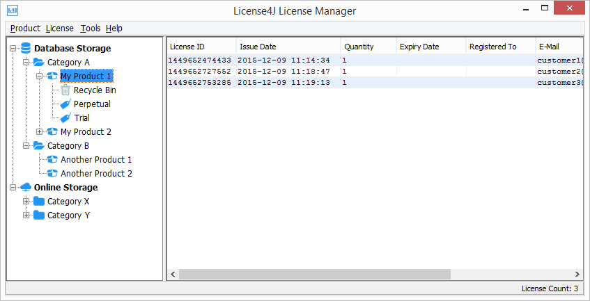 License Manager window, Online