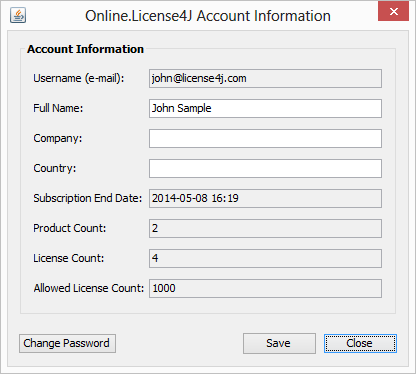 Online.License4J Account Information