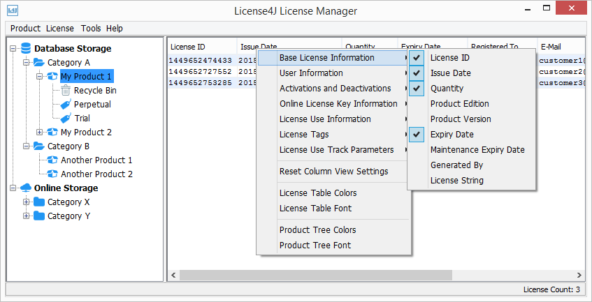 License Manager window, Java Software Licensing