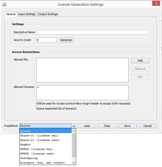 License Manager License Generation settings